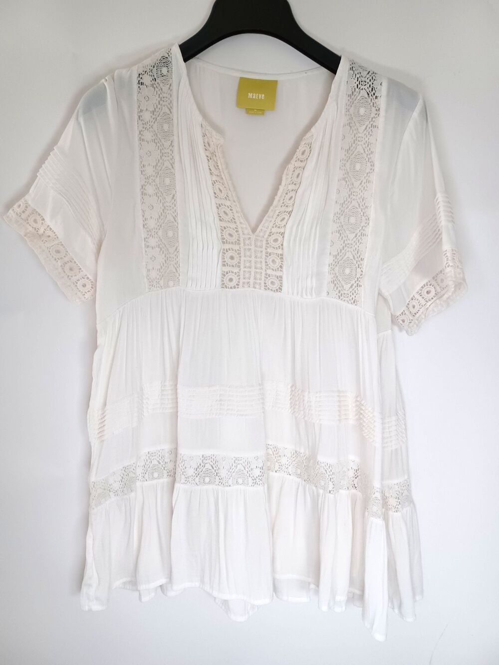 Maeve Tunic Top Medium Pin Tuck Crochet‎ Lace Boho Coastal Romantic Western